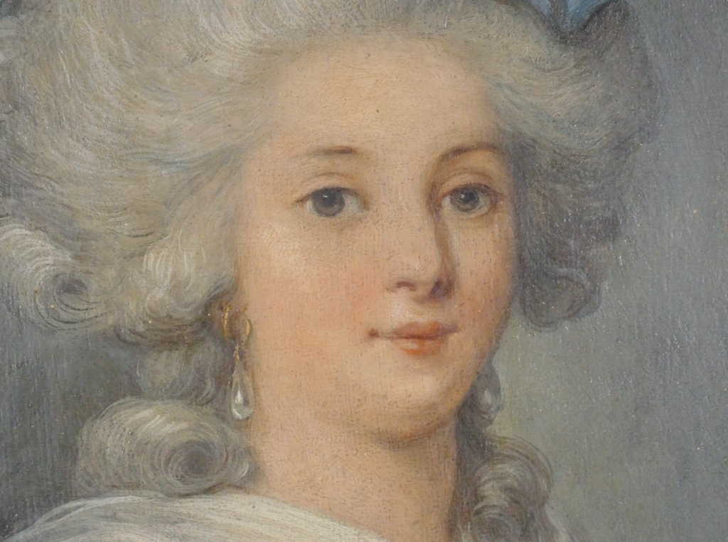 Portrait de jeune femme dans le goût du XVIII ème, huile sur bois époque XIX ème-photo-3