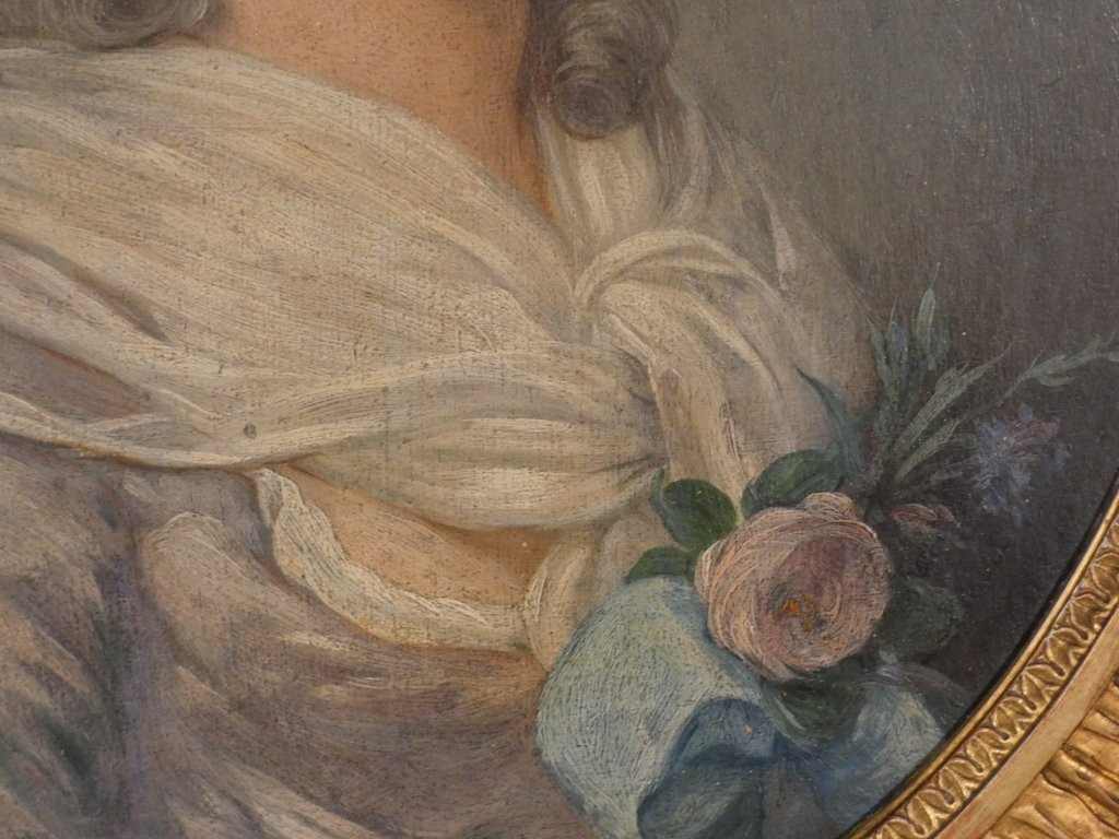 Portrait de jeune femme dans le goût du XVIII ème, huile sur bois époque XIX ème-photo-4
