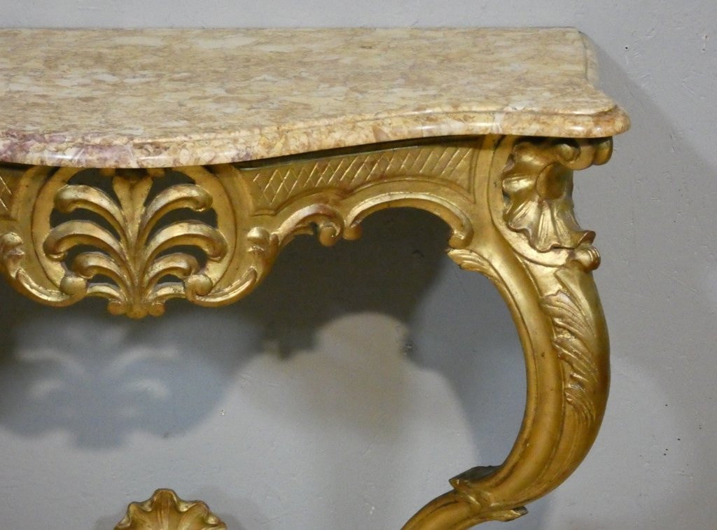 Console de style Louis XV en bois sculpté doré, époque début XX ème-photo-2