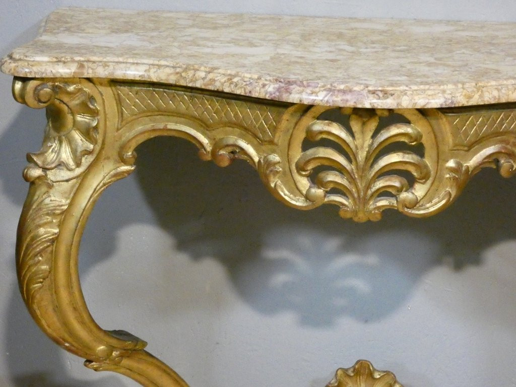 Console de style Louis XV en bois sculpté doré, époque début XX ème-photo-4