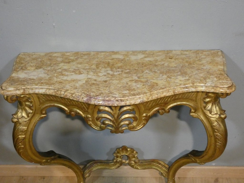 Console de style Louis XV en bois sculpté doré, époque début XX ème-photo-2