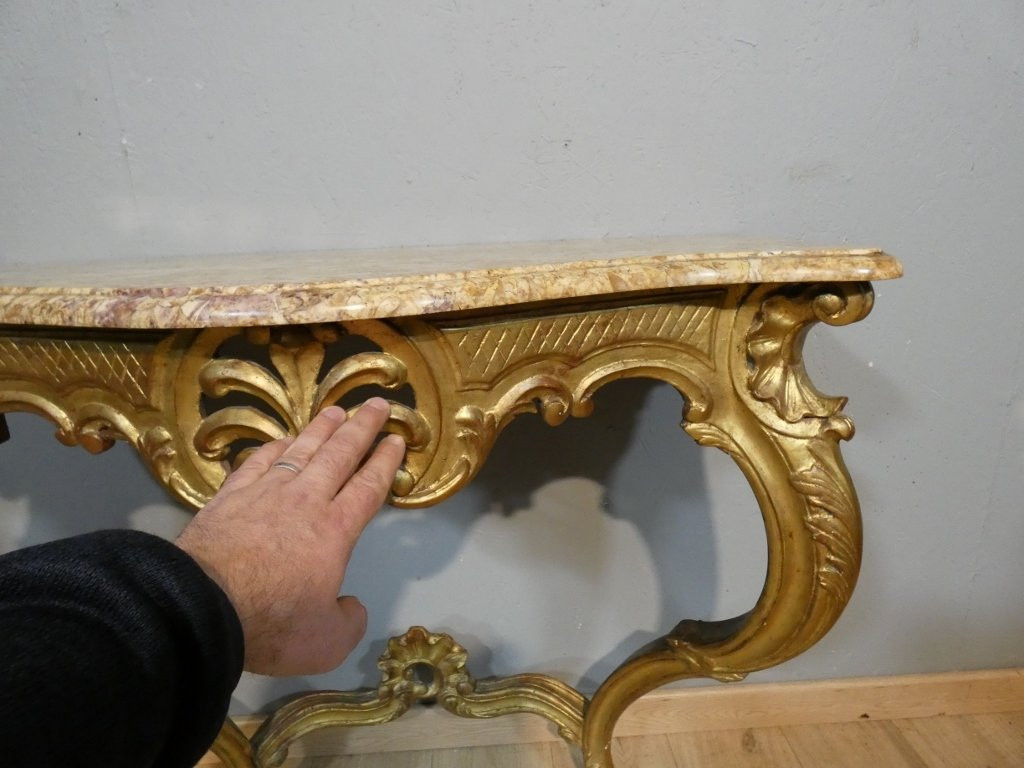 Console de style Louis XV en bois sculpté doré, époque début XX ème-photo-3