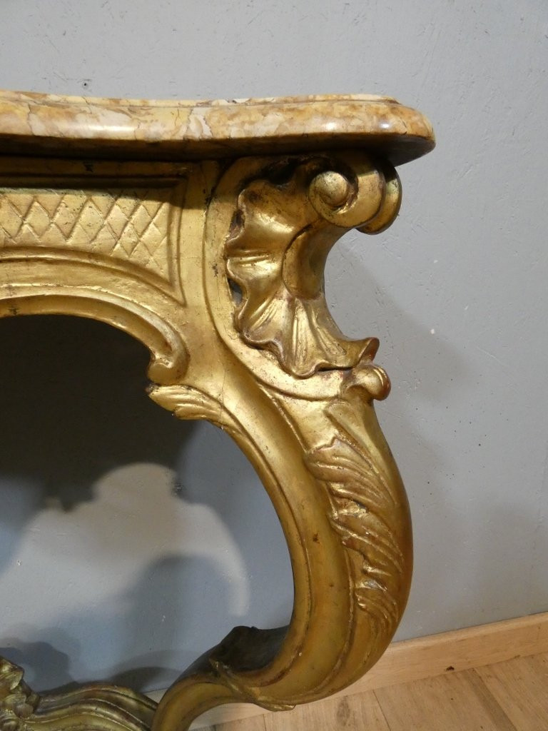 Console de style Louis XV en bois sculpté doré, époque début XX ème-photo-4