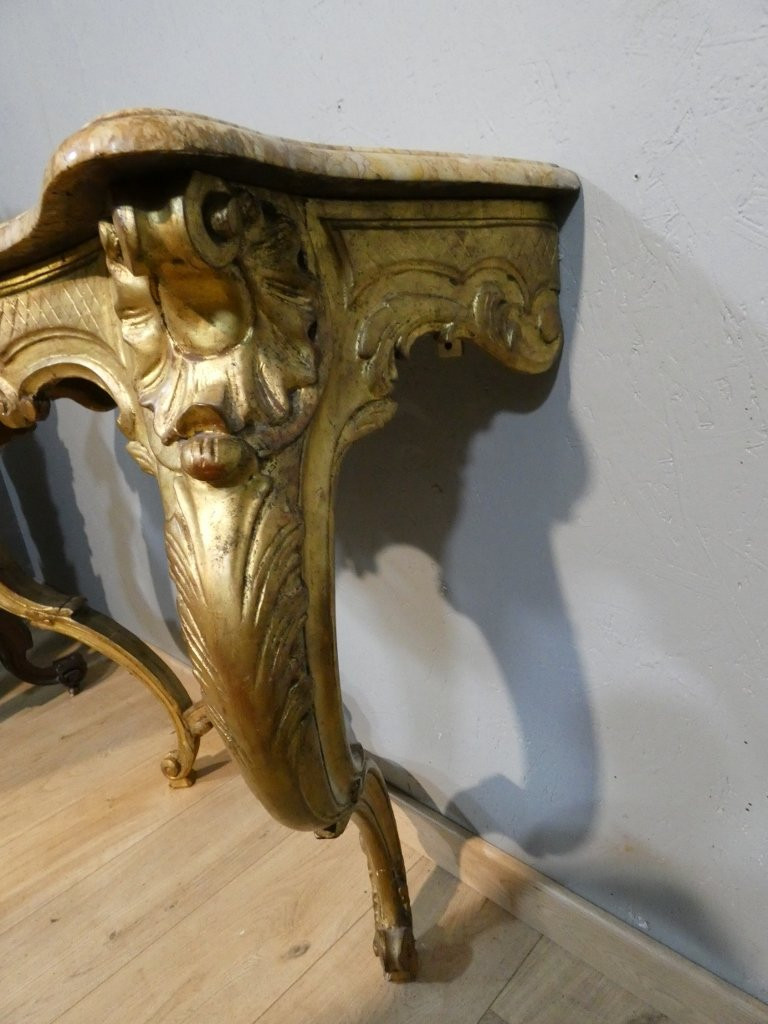 Console de style Louis XV en bois sculpté doré, époque début XX ème-photo-5