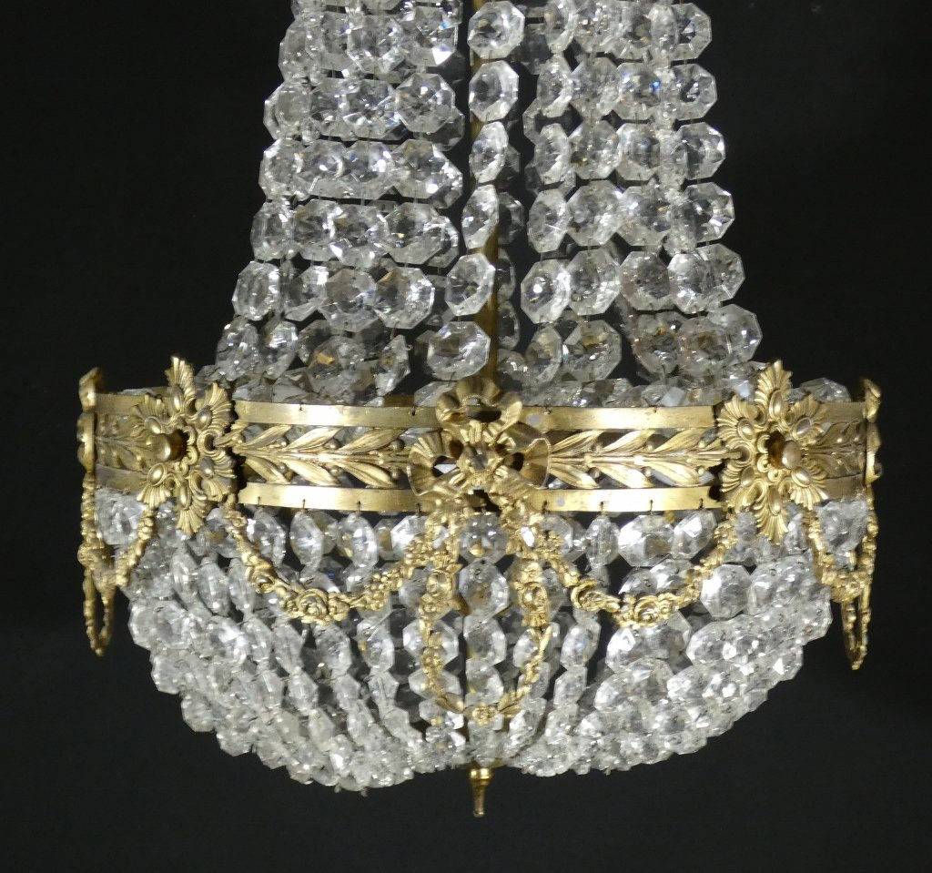Lustre corbeille montgolfière de style Louis XVI en verre et bronze, époque XXème-photo-2