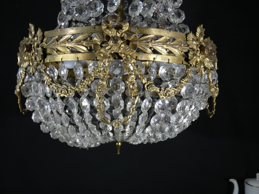 Lustre corbeille montgolfière de style Louis XVI en verre et bronze, époque XXème-photo-1