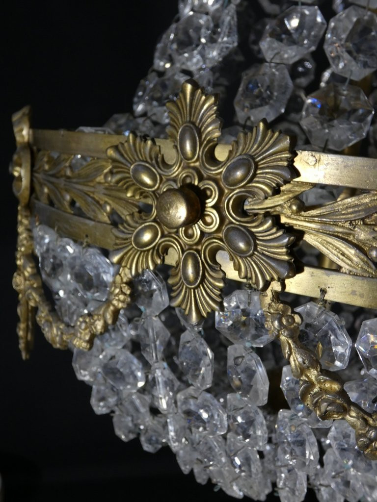 Lustre corbeille montgolfière de style Louis XVI en verre et bronze, époque XXème-photo-2
