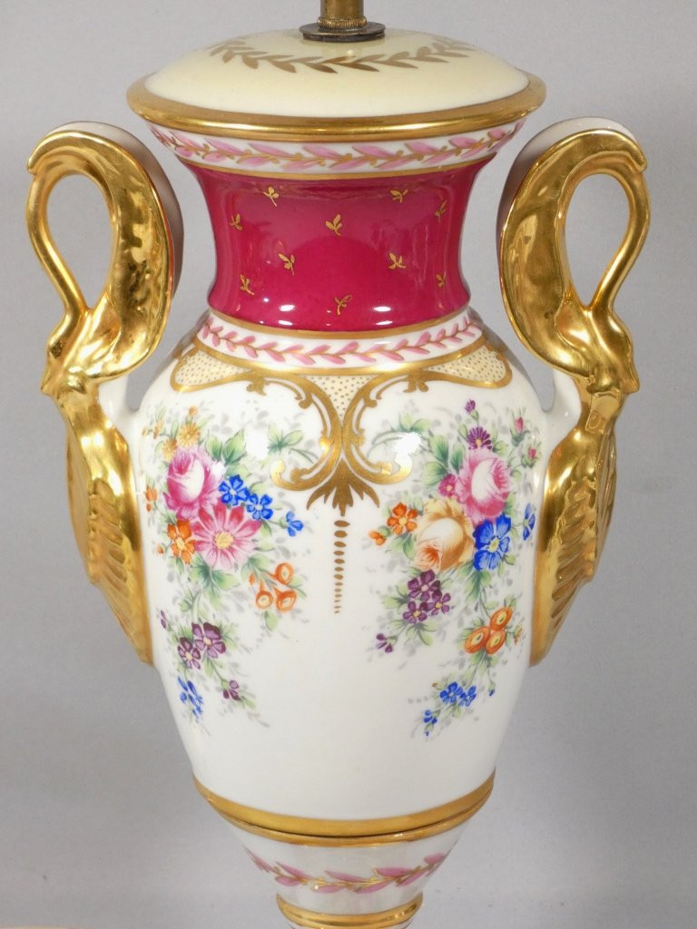Empire Style Lamp With Swans And Bouquet Of Flowers, Limoges Porcelain-photo-2