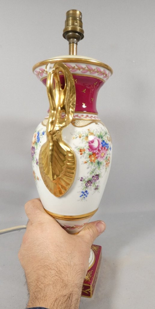 Empire Style Lamp With Swans And Bouquet Of Flowers, Limoges Porcelain-photo-1