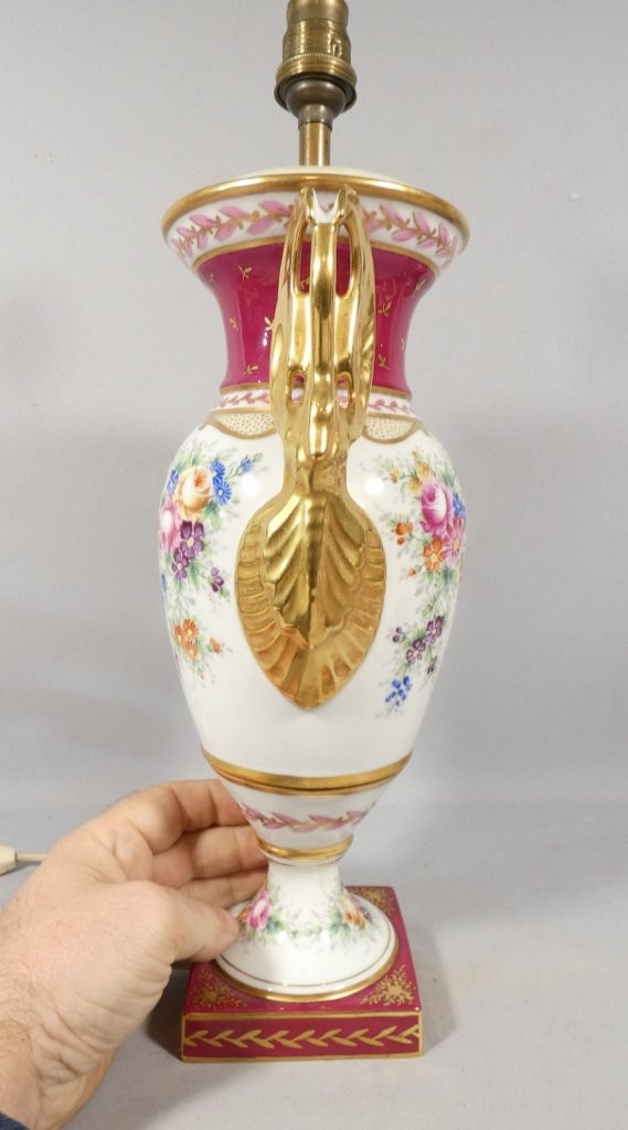 Empire Style Lamp With Swans And Bouquet Of Flowers, Limoges Porcelain-photo-2