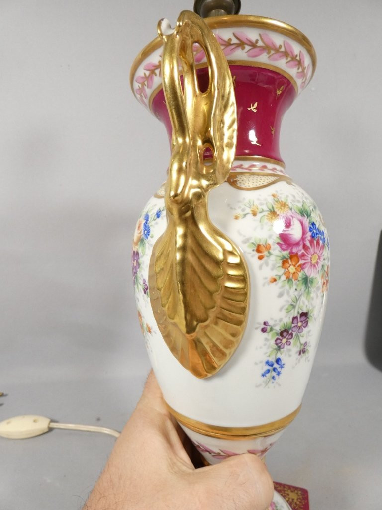 Empire Style Lamp With Swans And Bouquet Of Flowers, Limoges Porcelain-photo-3