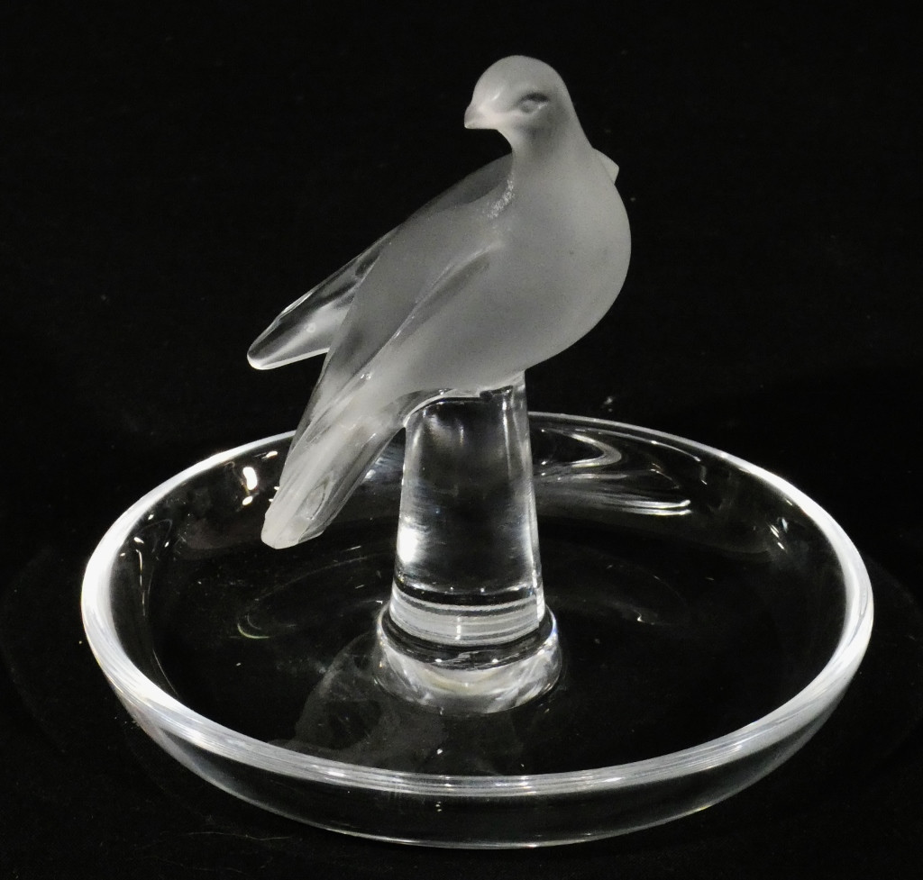 Lalique France, Crystal Ring Holder With A Perched Dove, Circa 1980