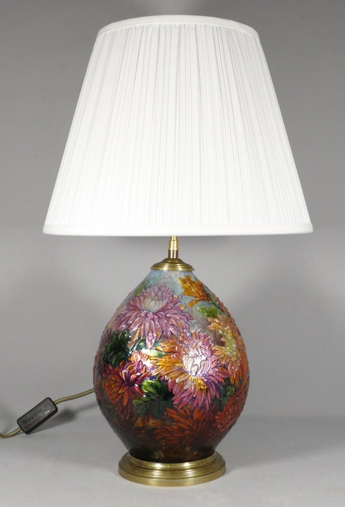 Camille Fauré Limoges, Enamel Lamp Base, Chrysanthemum Decoration, Circa 1930-50-photo-2