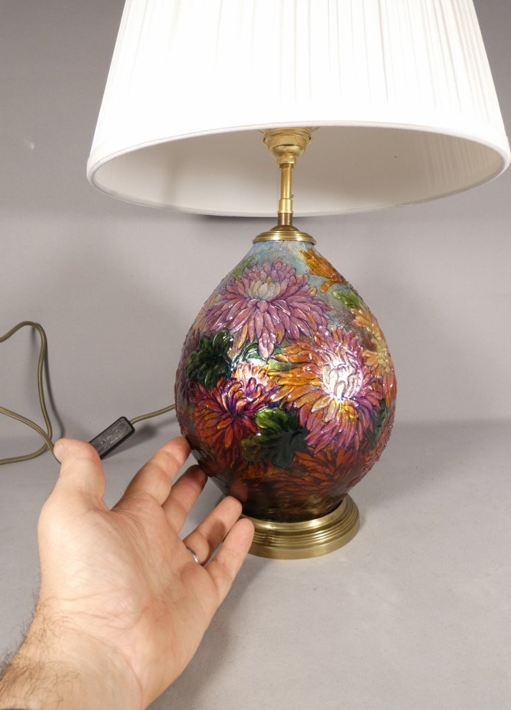 Camille Fauré Limoges, Enamel Lamp Base, Chrysanthemum Decoration, Circa 1930-50-photo-3