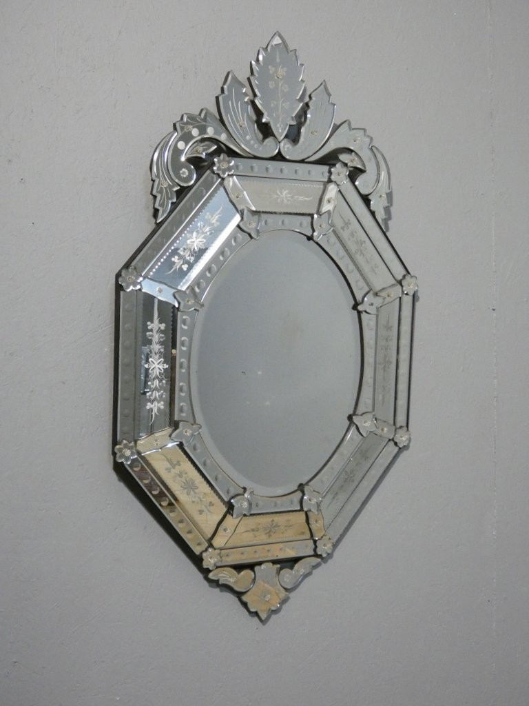 Miroir vénitien à parcloses en verre gravé, forme octogonale, époque vers 1950-photo-2