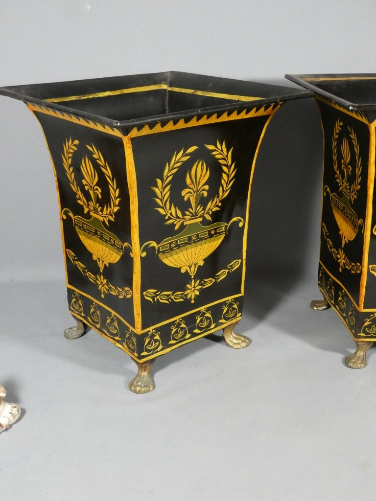 Paire de vases cornet en tôle peinte style Directoire , époque début XX ème-photo-3