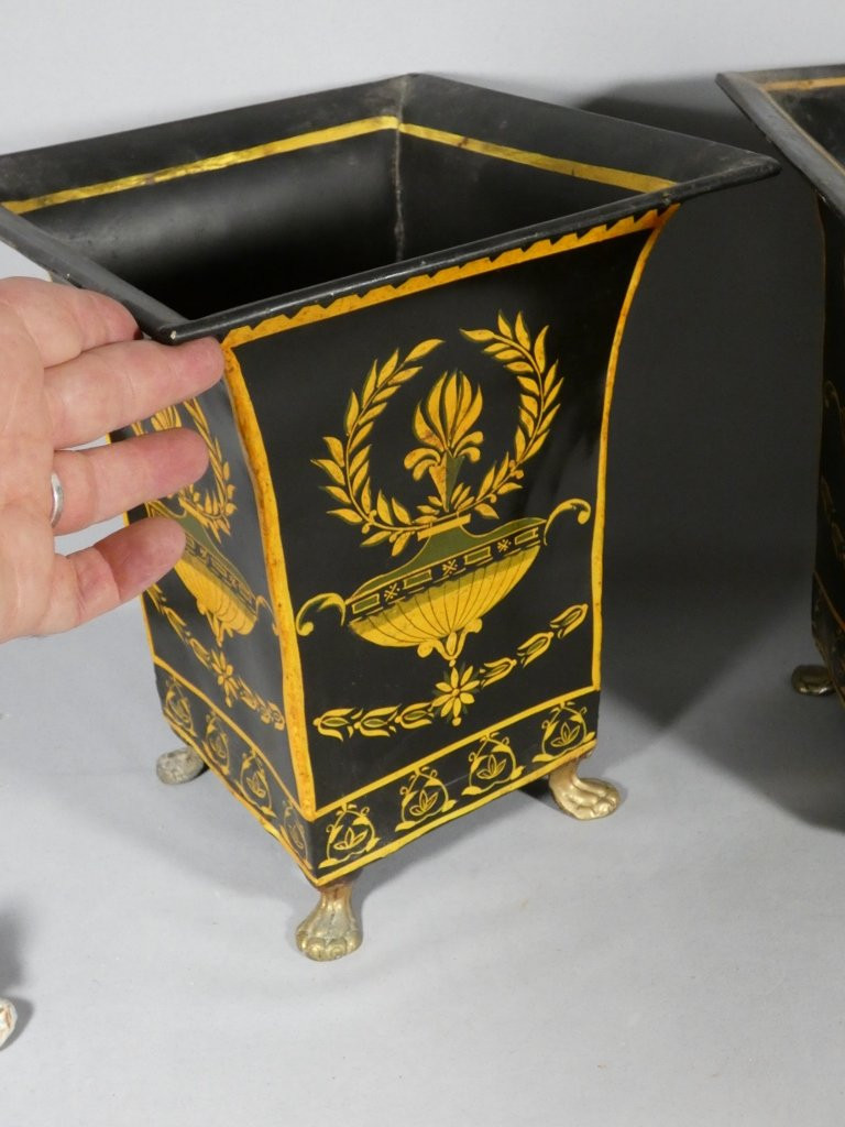 Paire de vases cornet en tôle peinte style Directoire , époque début XX ème-photo-4