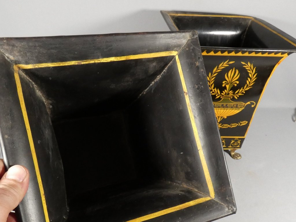 Paire de vases cornet en tôle peinte style Directoire , époque début XX ème-photo-5