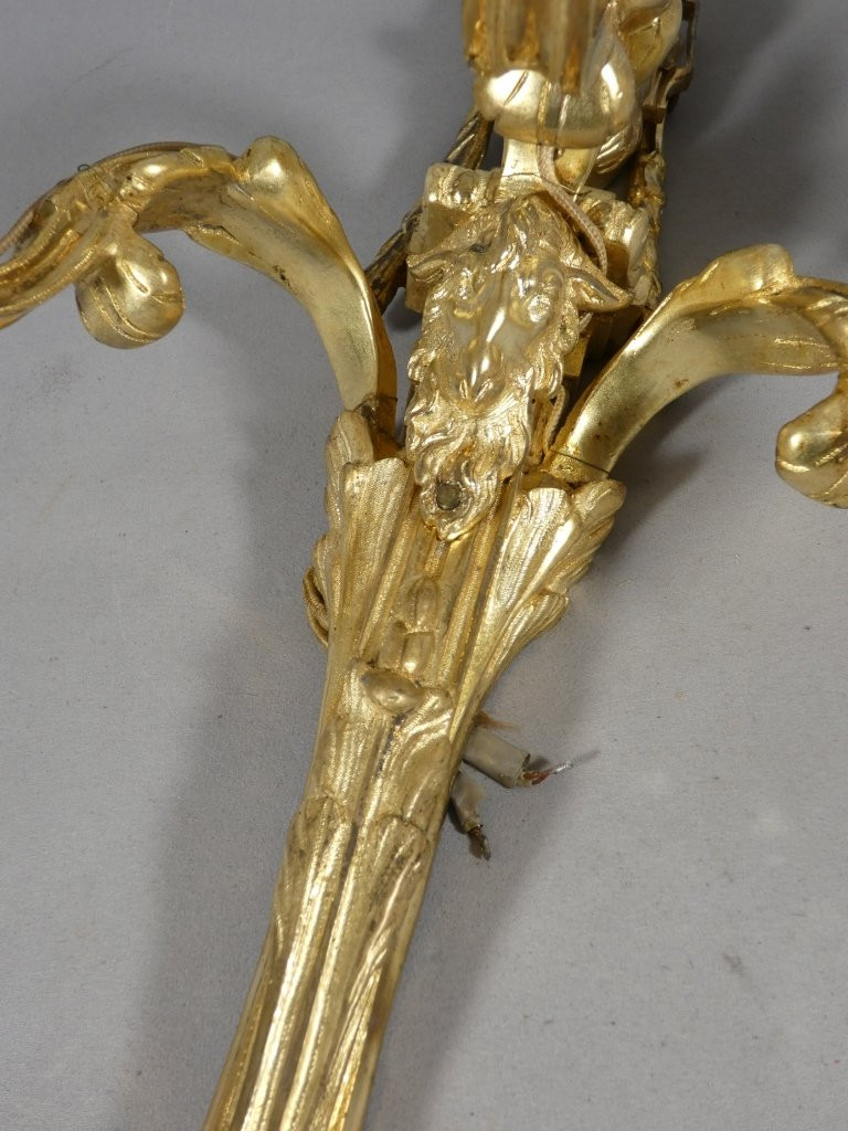 Pair Of Wall Sconces With Rams, Louis XVI Period, Gilt Bronze, 18th Century-photo-3