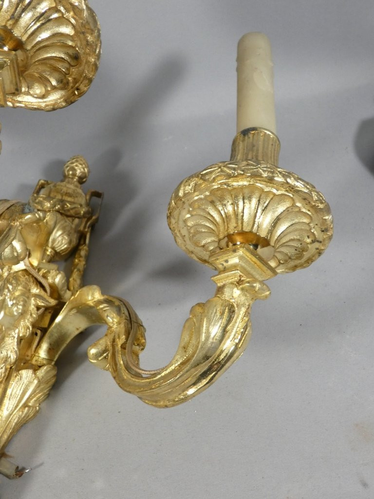 Pair Of Wall Sconces With Rams, Louis XVI Period, Gilt Bronze, 18th Century-photo-1