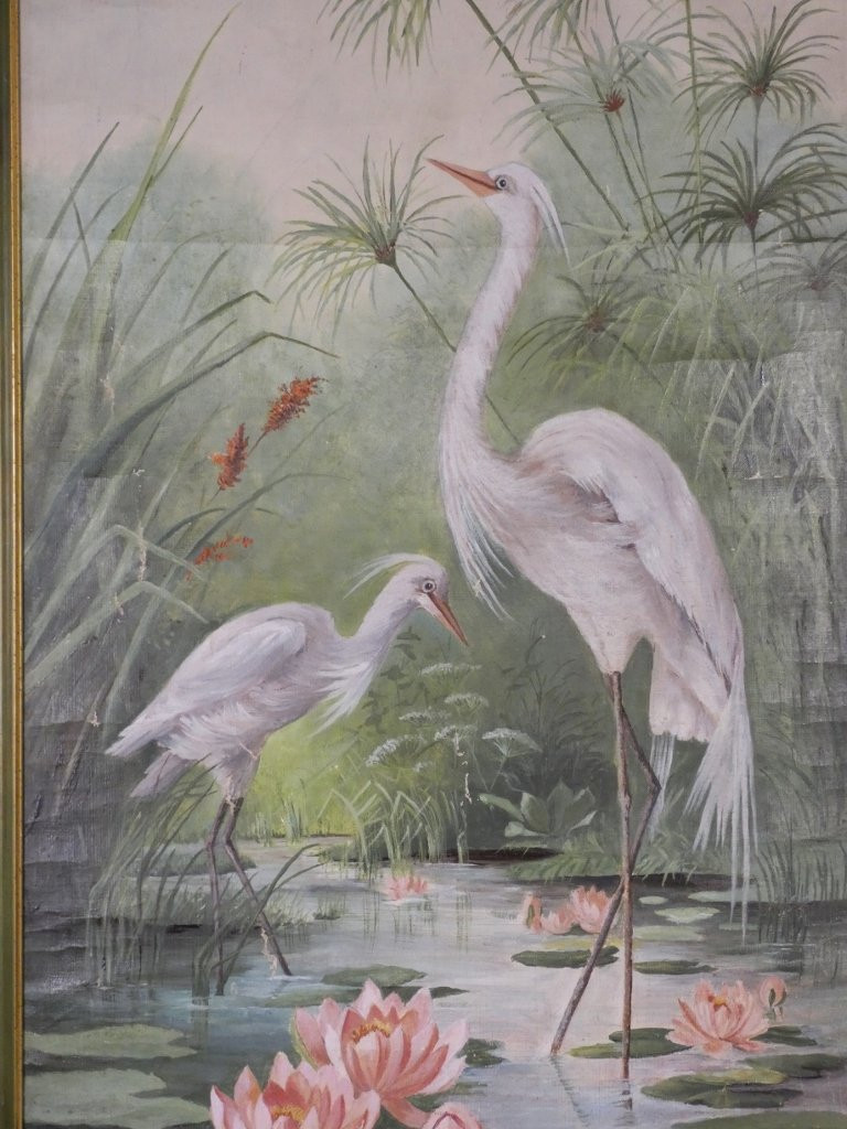 Naturalist Painting With Egrets, Papyrus And Water Lilies, Oil On Canvas Mounted On Board, Circa 1900-photo-2