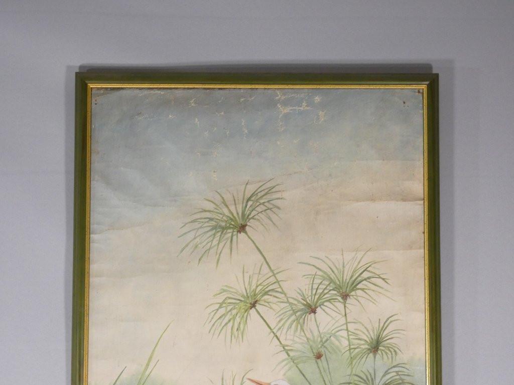 Naturalist Painting With Egrets, Papyrus And Water Lilies, Oil On Canvas Mounted On Board, Circa 1900-photo-1