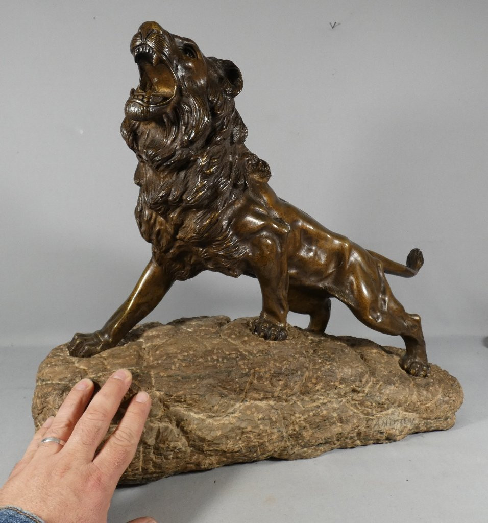 Roaring Lion, Animal Sculpture In Bronze And Pyrenees Marble, By James Andrey-photo-2