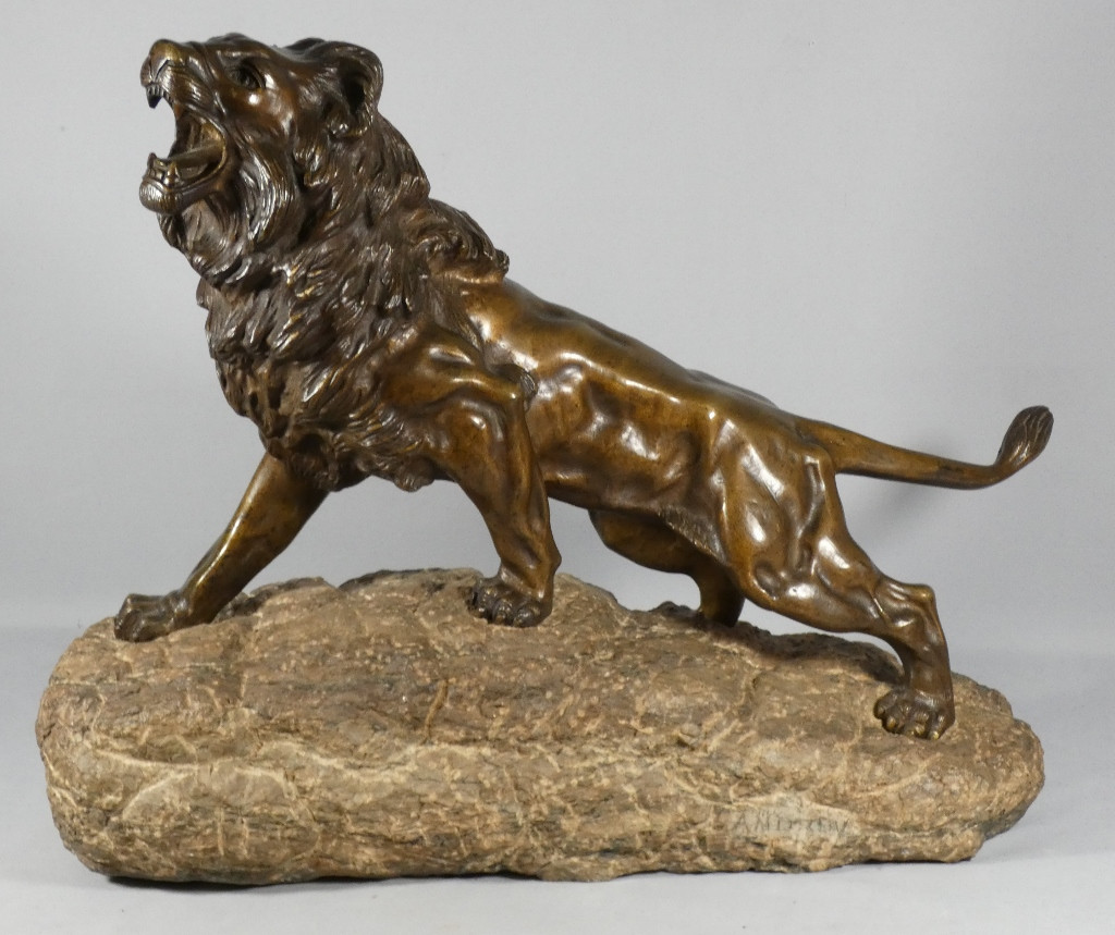 Roaring Lion, Animal Sculpture In Bronze And Pyrenees Marble, By James Andrey