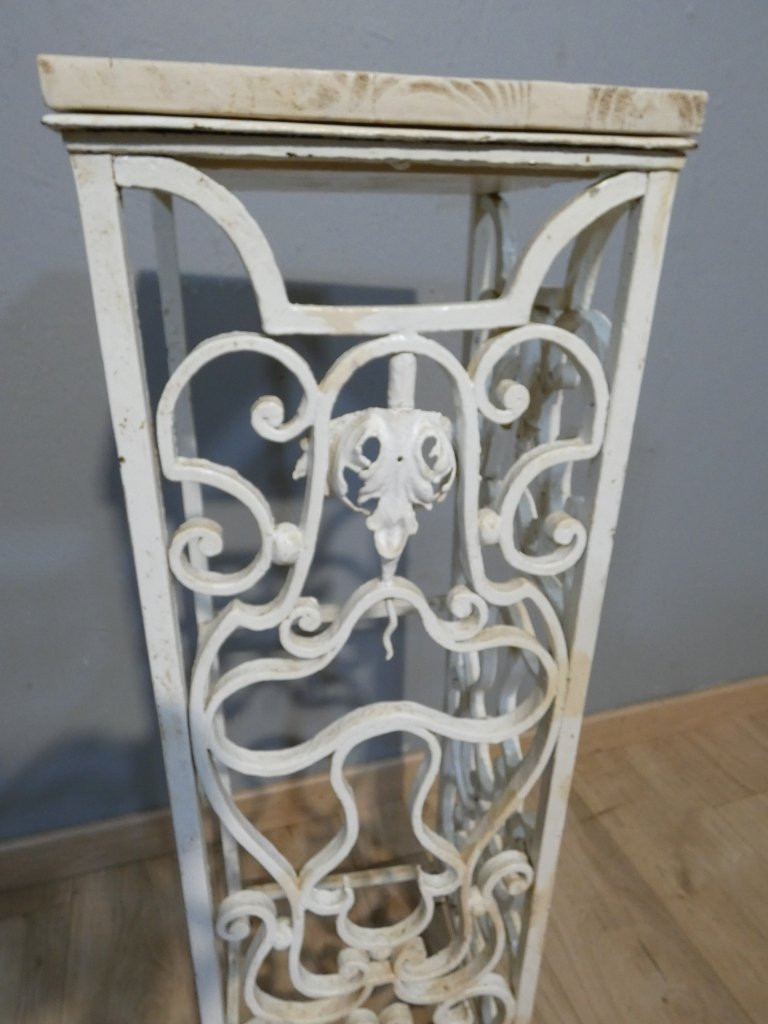 Wrought Iron Column, Painted White, With A Wooden Top, Early 20th Century-photo-3