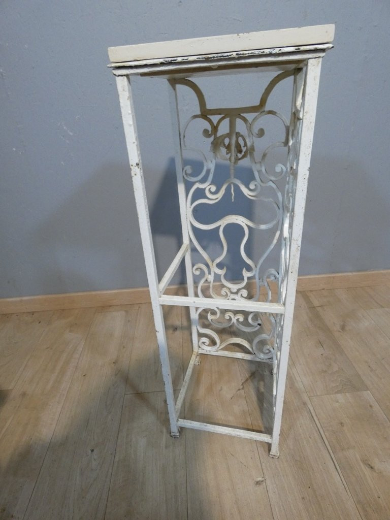 Wrought Iron Column, Painted White, With A Wooden Top, Early 20th Century-photo-1