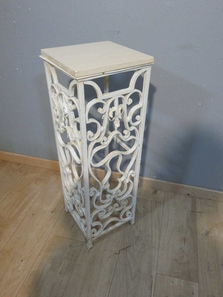 Wrought Iron Column, Painted White, With A Wooden Top, Early 20th Century-photo-4