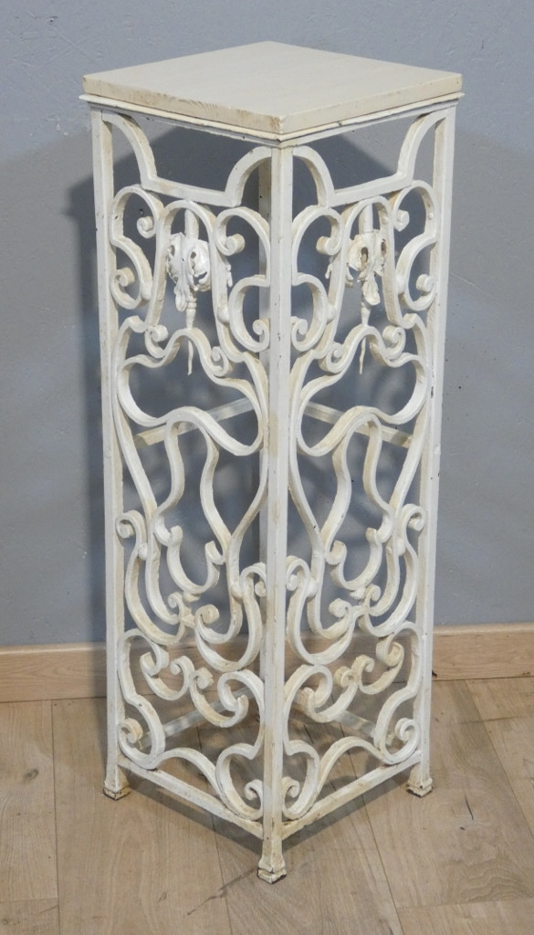 Wrought Iron Column, Painted White, With A Wooden Top, Early 20th Century