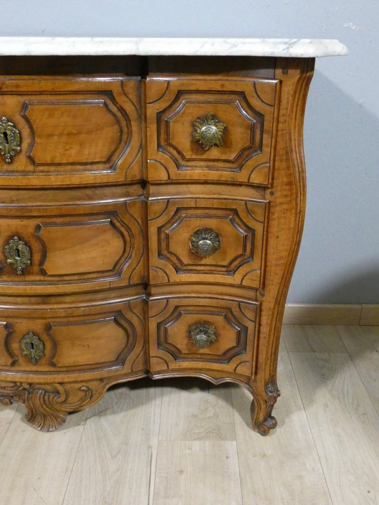 Commode arbalète Louis XV en noyer massif et marbre, époque XVIII ème siècle-photo-4