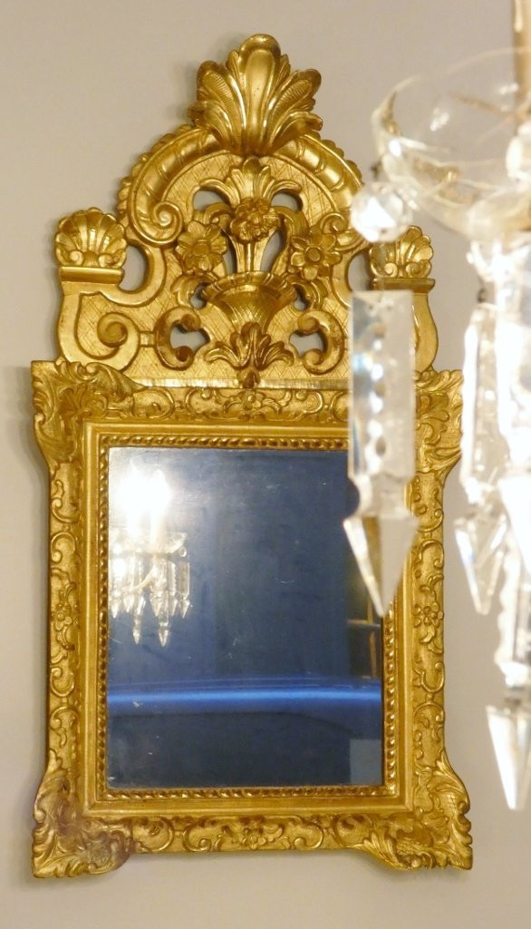 Miroir à fronton d'époque Louis XIV en bois sculpté et doré, XVIII ème siècle-photo-2