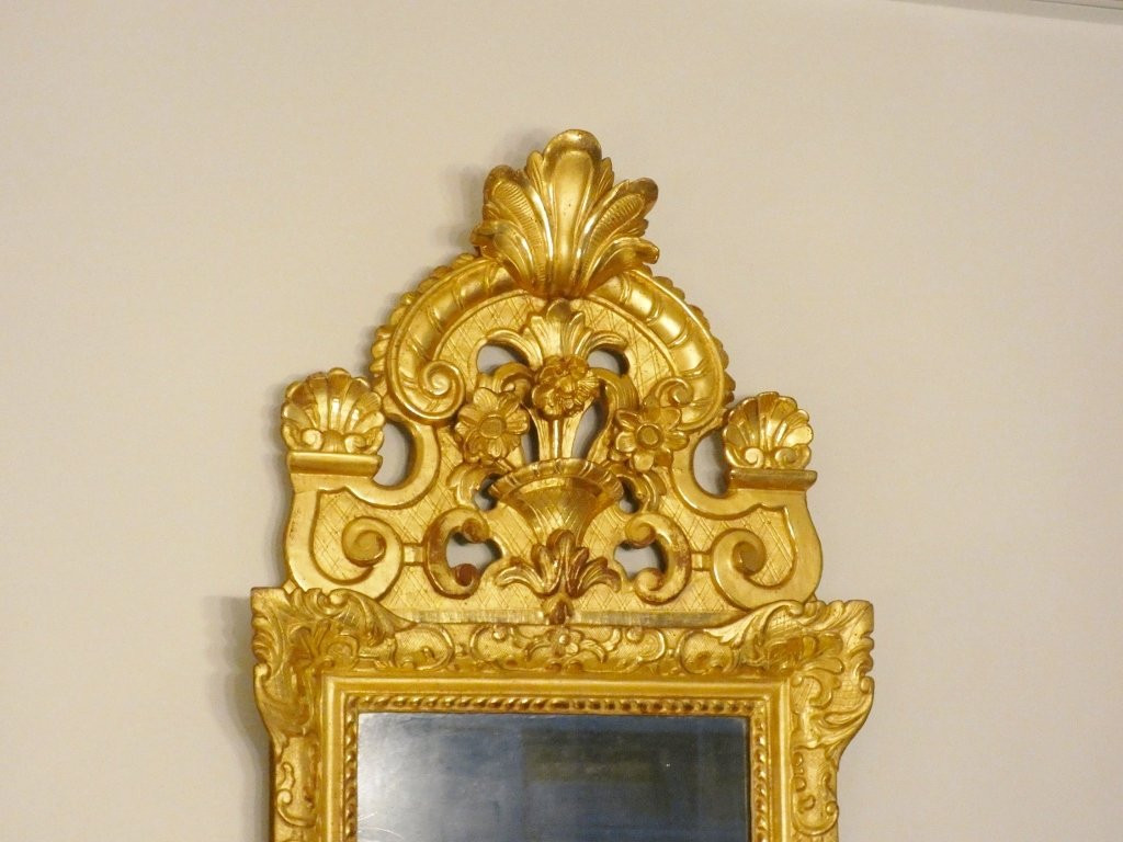 Miroir à fronton d'époque Louis XIV en bois sculpté et doré, XVIII ème siècle-photo-3
