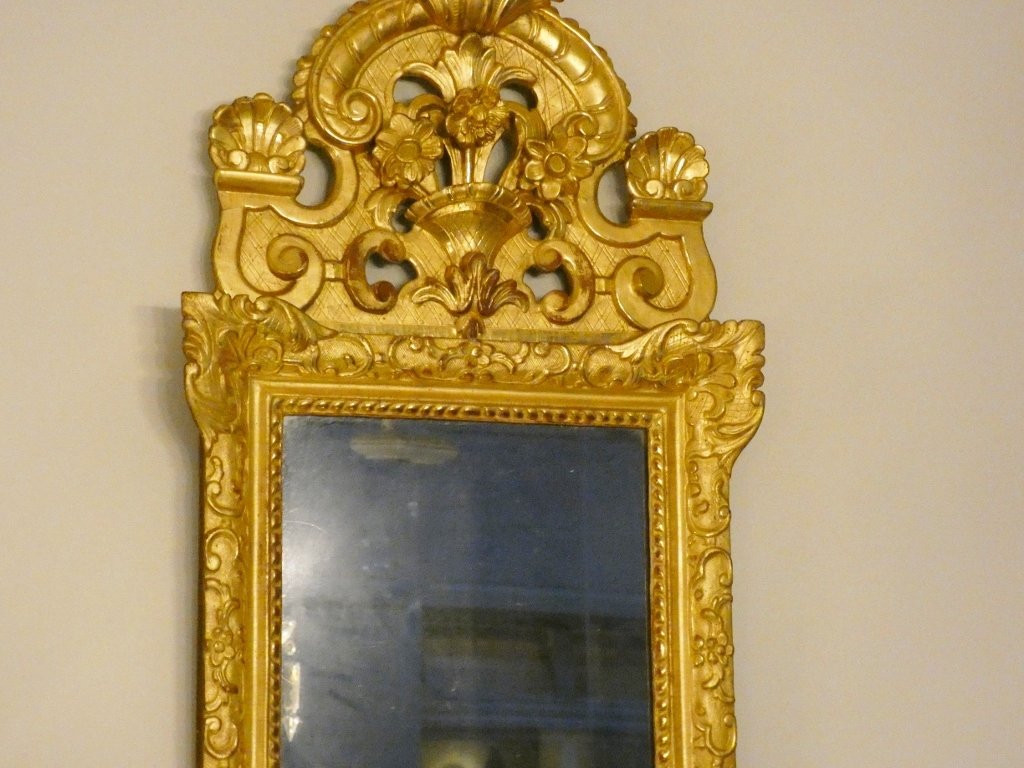 Miroir à fronton d'époque Louis XIV en bois sculpté et doré, XVIII ème siècle-photo-4