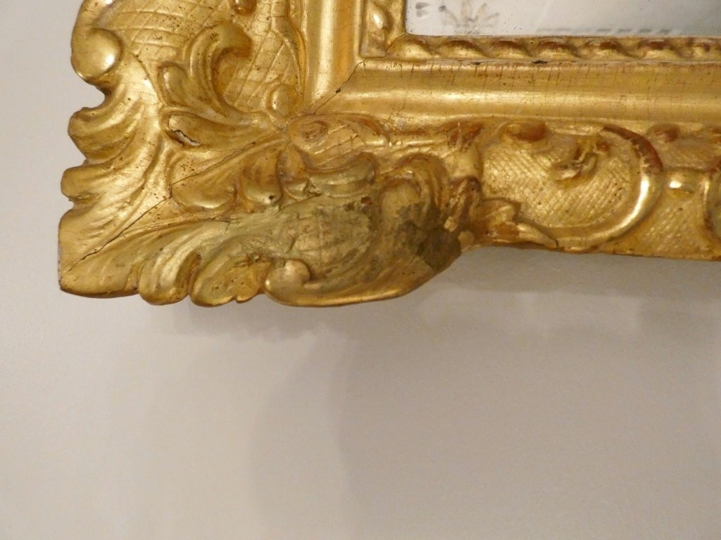 Miroir à fronton d'époque Louis XIV en bois sculpté et doré, XVIII ème siècle-photo-5