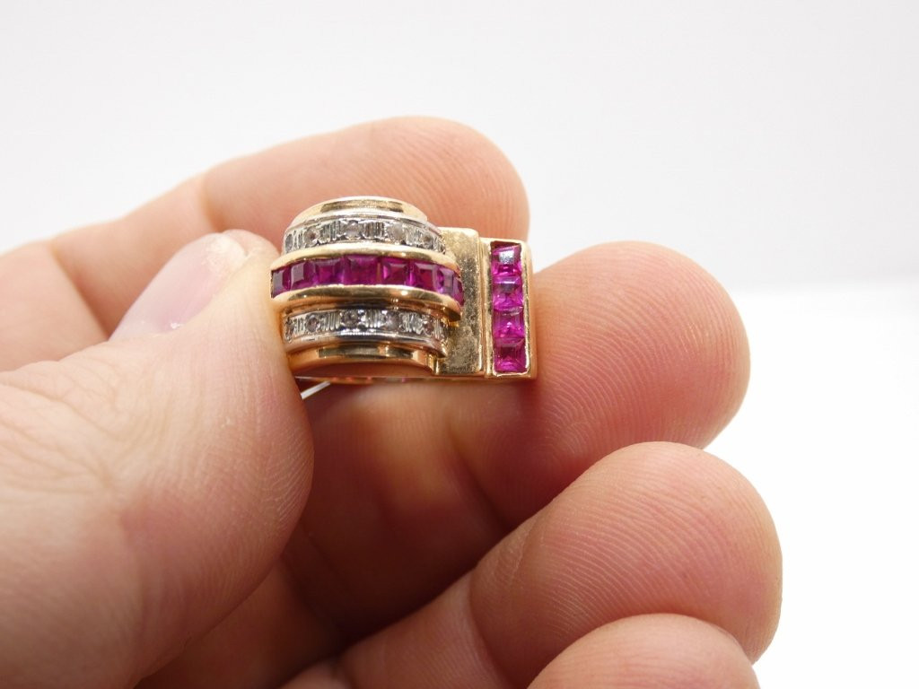 Bague Tank asymétrique diamant et rubis sur or jaune, époque 1940-photo-3