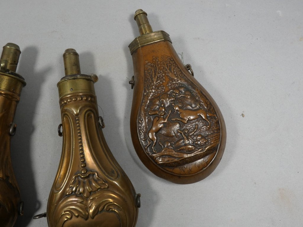 Collection Of 4 19th Century Copper Powder Flasks-photo-2