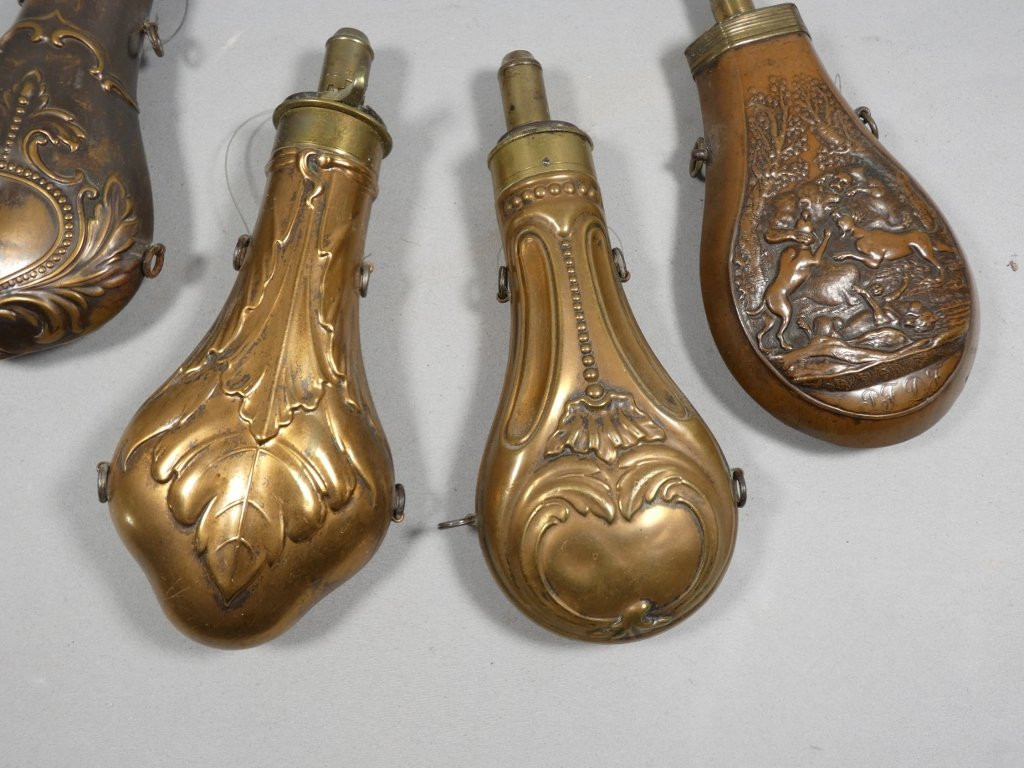 Collection Of 4 19th Century Copper Powder Flasks-photo-3