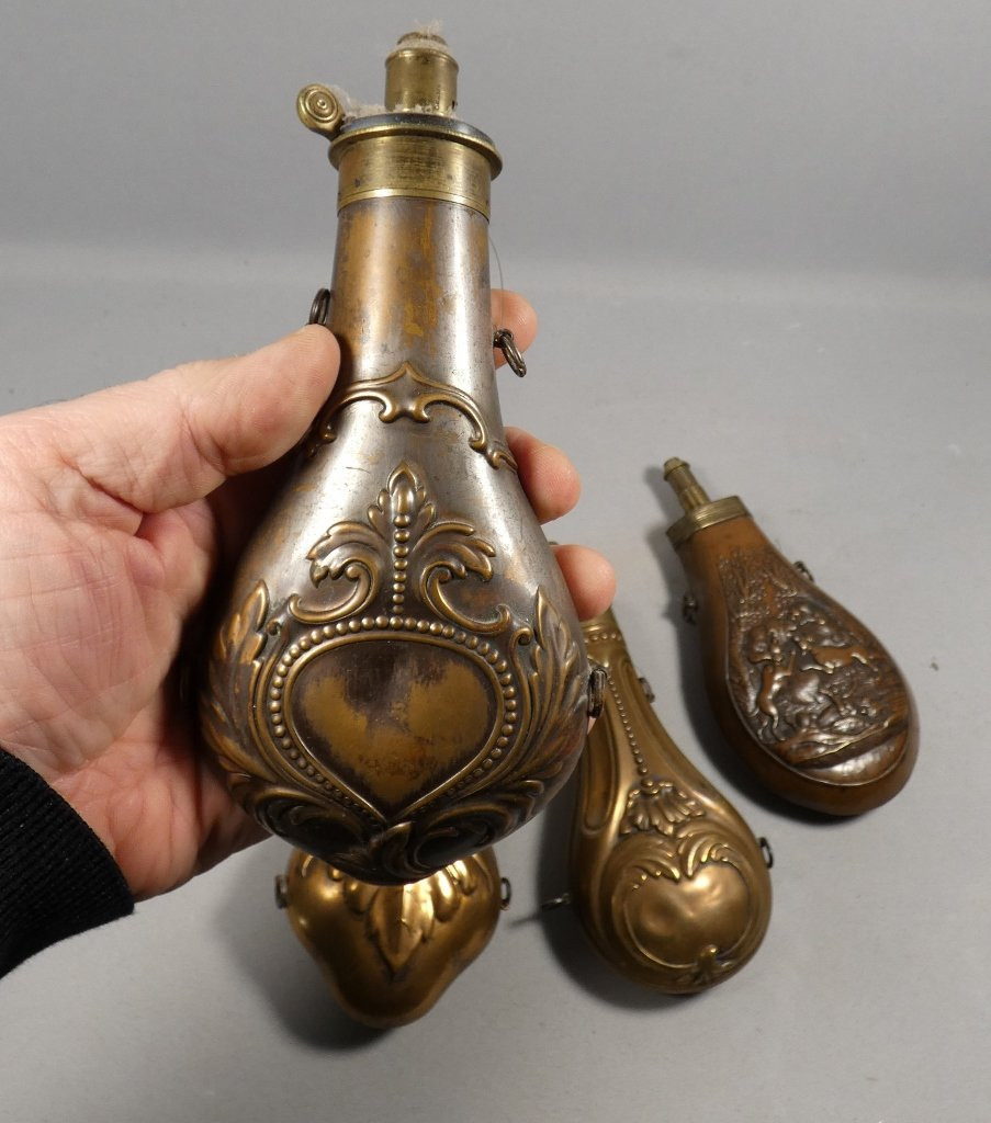 Collection Of 4 19th Century Copper Powder Flasks-photo-1