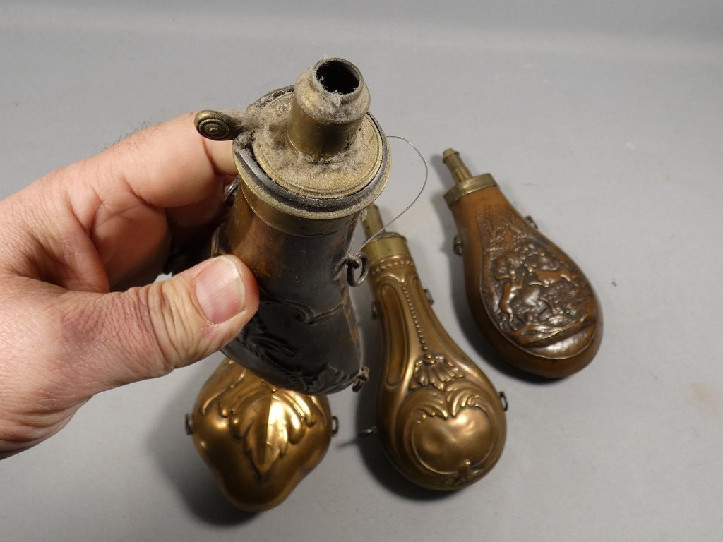Collection Of 4 19th Century Copper Powder Flasks-photo-2