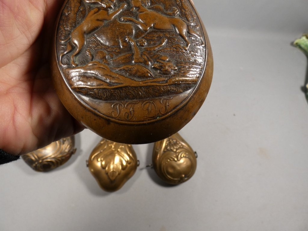 Collection Of 4 19th Century Copper Powder Flasks-photo-3