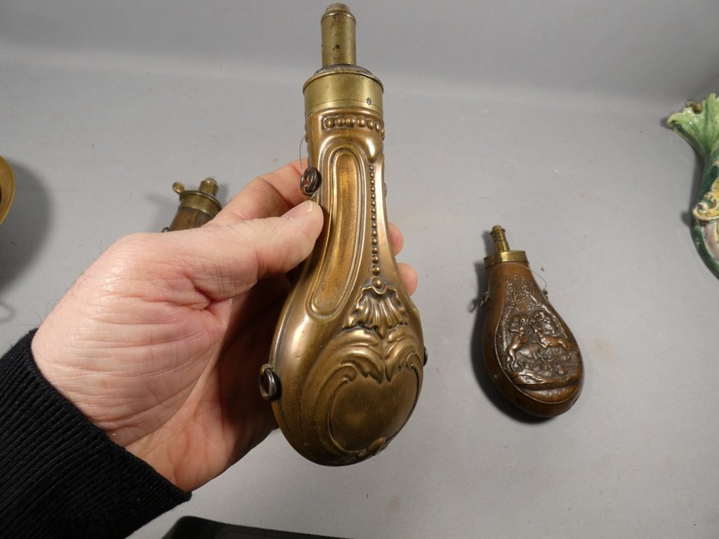 Collection Of 4 19th Century Copper Powder Flasks-photo-7