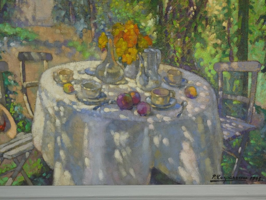 Déjeuner sous la tonnelle, tableau huile sur toile par Paul Terpereau (1893-1975)-photo-2