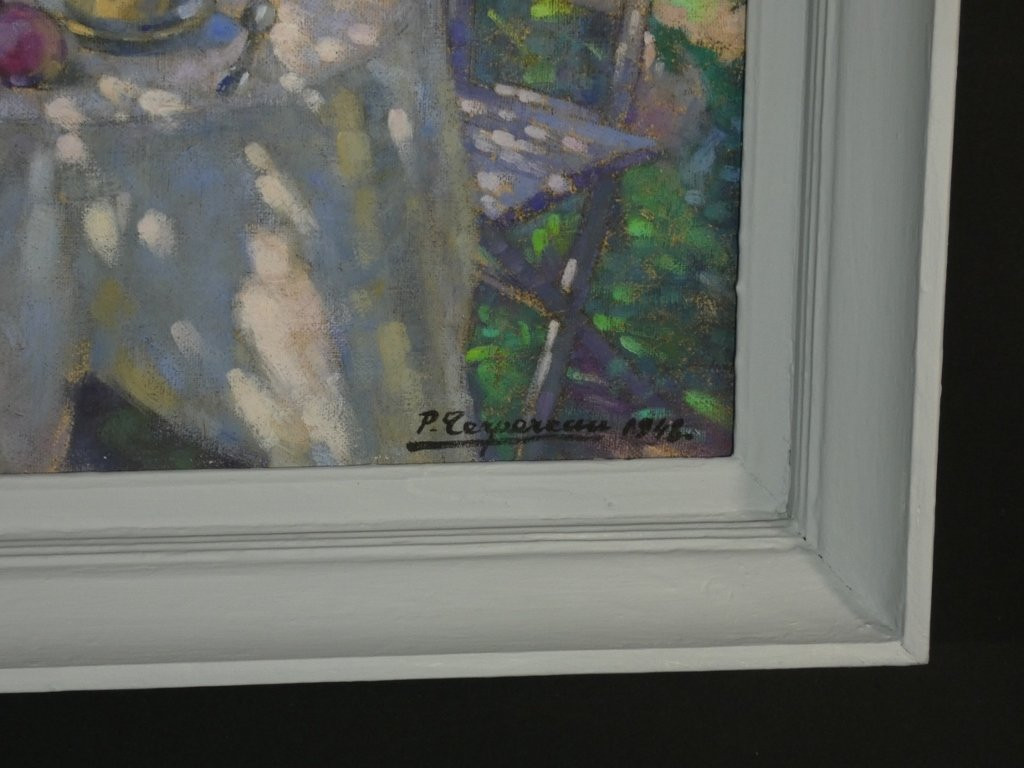 Déjeuner sous la tonnelle, tableau huile sur toile par Paul Terpereau (1893-1975)-photo-5