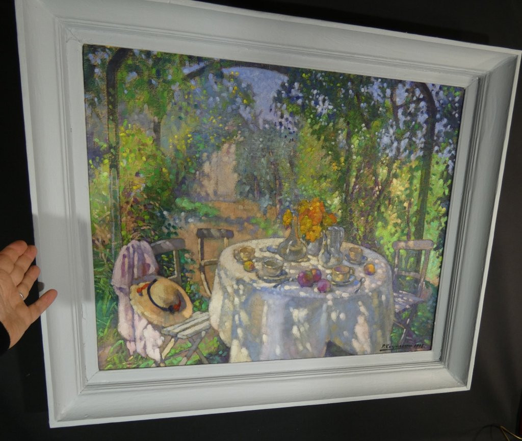 Déjeuner sous la tonnelle, tableau huile sur toile par Paul Terpereau (1893-1975)-photo-7