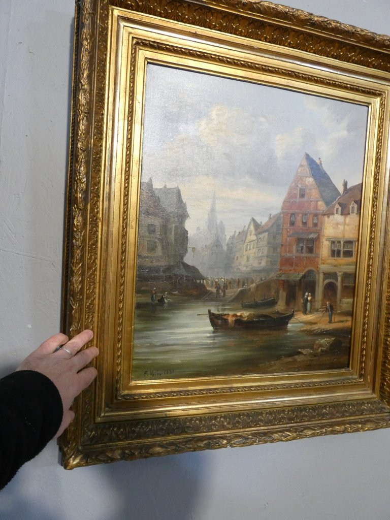 Lively Normandy Seaside Scene, Oil On Canvas, Animated By E. Valin, 1881-photo-5