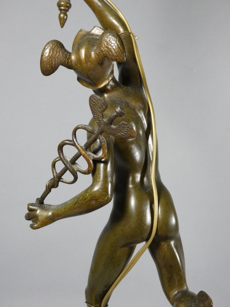 Flying Mercury After Jean De Bologne, Bronze Sculpture Mounted As A Lamp, 19th Century-photo-6