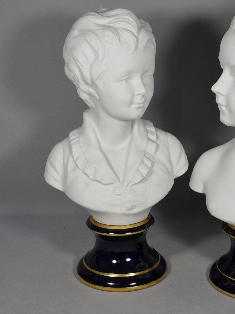 Pair Of Busts "the Brongniart Children" After Houdon, Limoges Tharaud Biscuit Porcelain-photo-2